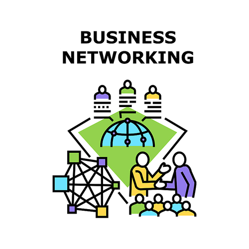 Business Networking Outsource Vector Icon Concept. Business Networking Outsource, Colleagues Working From Different Places Of World And Communicate With Partner Or Employee Color Illustration