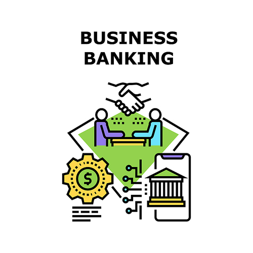 Business Banking Vector Icon Concept. Business Banking Process And Mobile Phone Application For Management Finance Online And Check Bank Account. Consultation With Banker Color Illustration