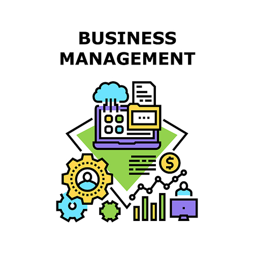 Business Management Planning Vector Icon Concept. Business Management And Monitoring Working Process. Cloud Digital Technology For Storaging Company Information And Documentation Color Illustration