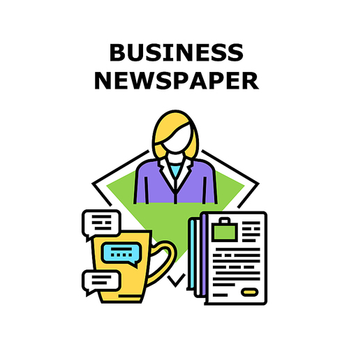 Business Newspaper Reading Vector Icon Concept. Business Newspaper Reading Financial And Market News Publication, Businesswoman Read Information And Drinking Cup In Morning Color Illustration