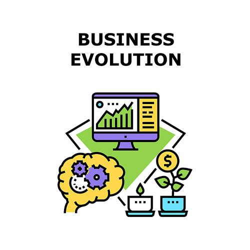 Business Evolution Develop Vector Icon Concept. Brain Thinking Process For Planning Strategy Of Business Evolution, Earning Money And Researching Innovation Technology Color Illustration