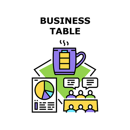 Business Table Vector Icon Concept. Business Table For Conference Meeting And Brainstorming With Employees, Project Presentation And Drinking Coffee Energy Drink And Color Illustration