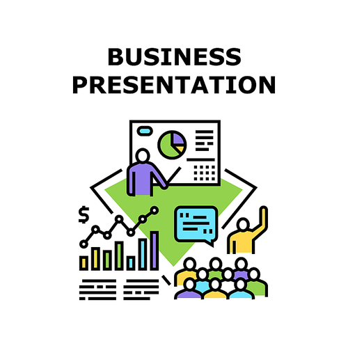 Business Presentation Meeting Vector Icon Concept. Business Presentation Meeting And Conference, Presenting Company Financial Strategy And Startup Plan. Colleagues Color Illustration