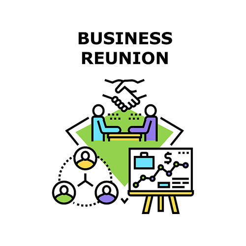 Business Reunion Vector Icon Concept. Business Reunion Entrepreneur With Employee Or Partner, Brainstorming And Planning Strategy For Increase Profit Or Research Financial Report Color Illustration