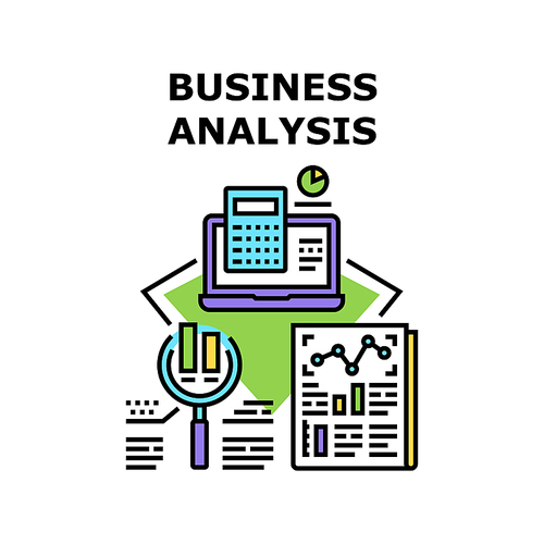 Business Analysis Report Vector Icon Concept. Business Analysis Report And Calculating Financial Audit, Counting Profit With Digital Calculator On Laptop And Research Diagram Color Illustration