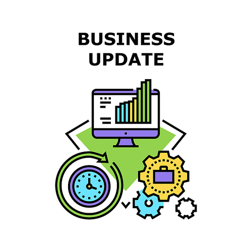 Business Update Vector Icon Concept. Business Update Technology And Updating Time Process For Earning Money, Researching. Finance Infographic Report Researching On Computer Color Illustration