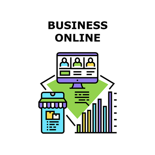 Business Online Vector Icon Concept. Commerce Shop Business Online And Conference With Team, E-commerce Mobile Phone Application And Computer Software For Communicate With Employees Color Illustration