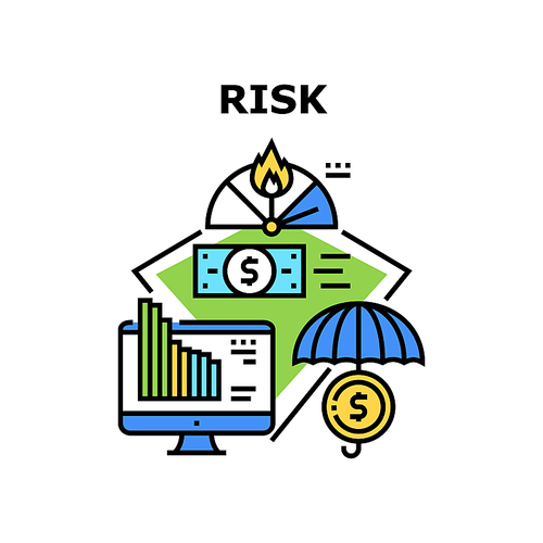 Financial Risk Vector Icon Concept. Financial Risk Of Falling Rate On Market Economy Problem. Finance Insurance And Money Protection, Economic Crisis And Bankruptcy Color Illustration