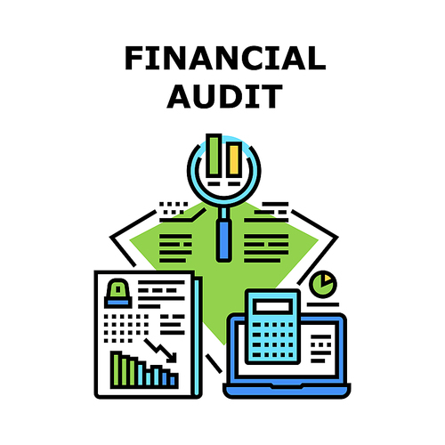 Financial Audit Vector Icon Concept. Financial Audit And Annual Finance Report Calculating Accountant With Calculator Electronic Device. Balance Sheet And Income Statement Color Illustration