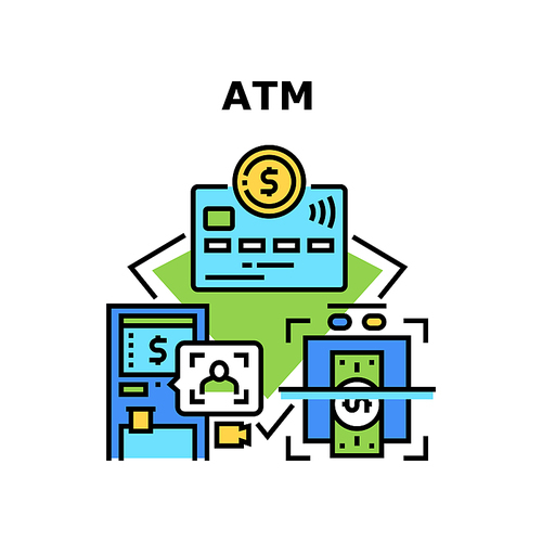 Atm Banking Machine Vector Icon Concept. Atm Banking Machine For Identification Bank Client And Withdraw Money Cash From Credit Card. Electronic Financial Equipment Color Illustration