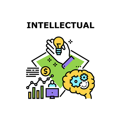 Intellectual Vector Icon Concept. Intellectual Processing For Startup And Developing Company Strategy, Business Idea Management And Analyzing Financial Report On Computer Color Illustration