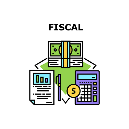 Fiscal Finance Vector Icon Concept. Filling Tax Report And Calculating Income And Expense, Fiscal Finance Accountant Occupation. Accountancy Business For Counting Money Color Illustration