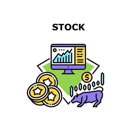 Stock Market Vector Icon Concept. Trade Stock Market Infographic Businessman Researching On Computer In Internet Online. Earning Money, Commercial Economy Occupation Color Illustration