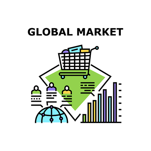 Global Market Vector Icon Concept. Global Market Researching Infographic Income And Sales, Online Purchasing And Worldwide Economy Financial Business. International Management Color Illustration