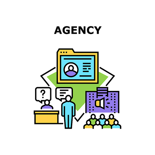 Agency Recruitment Vector Icon Concept. Agency Recruitment Business For Searching Employee For Company. Candidate Researching Cv And Interview. Recruiter Occupation Color Illustration