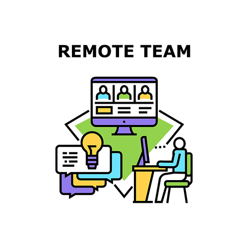 Remote Team Vector Icon Concept. Remote Team Searching And Studying In Internet. Teamwork Communication And Discussion Online. Managers Coworkers And Partners Connection Color Illustration