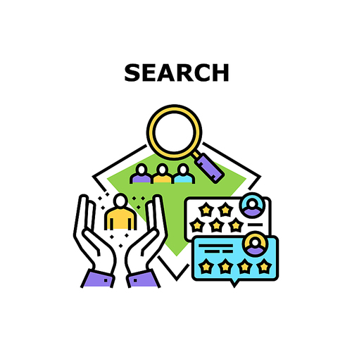 Search Employee Vector Icon Concept. Hr Search Employee In Company Office, Human Resource Department Worker Researching Candidate Cv And Interview With Colleague Color Illustration