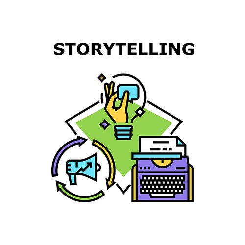 Storytelling Vector Icon Concept. Book Idea And Storytelling Author Typing On Typewriter Equipment. Journalist Story Telling And Writing Newspaper Article. Creativity Occupation Color Illustration