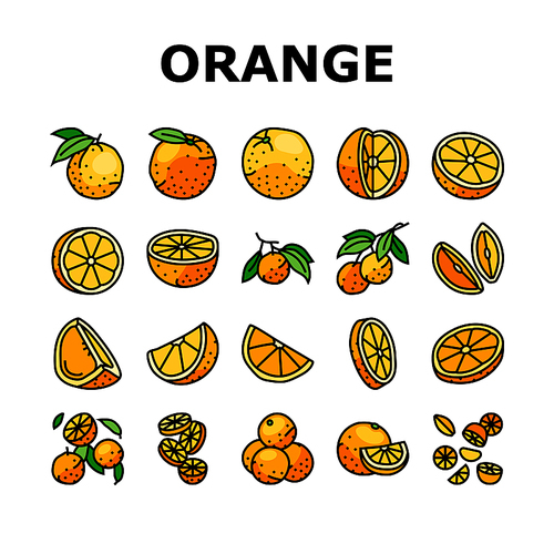 orange citrus fresh slice juice icons set vector. sweet food, leaf juicy, organic half, green, cut vitamin, healthy tropical, ripe orange citrus fresh slice juice color line illustrations