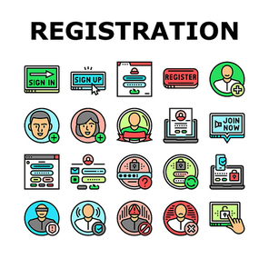 registration login website form icons set vector. register web, user online, business computer, digital internet, application password registration login website form color line illustrations