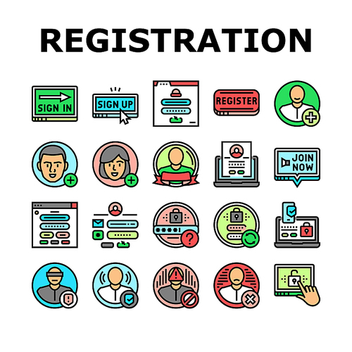 registration login website form icons set vector. register web, user online, business computer, digital internet, application password registration login website form color line illustrations