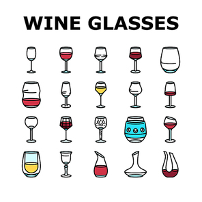 wine glass red drink alcohol icons set vector. cup bar, merlot party, cabernet bottle, champagne liquid, restaurant, goblet wine glass red drink alcohol color line illustrations
