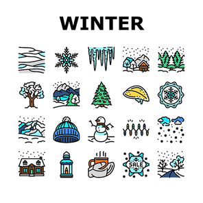 winter snow season nature icons set vector. holiday landscape, white blue forest, ice cold, christmas snowflake, sky, frost winter snow season nature color line illustrations