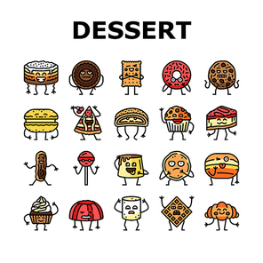dessert character food cake icons set vector. cute sweet, funny, happy bakery, chocolate cupcake, cream donut, face candy dessert character food cake color line illustrations
