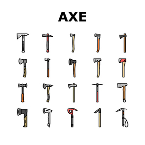 axe ax hatchet wood weapon icons set vector. tool equipment, blade lumberjack, tree, work forest, wooden steel, lumber sharp axe ax hatchet wood weapon color line illustrations