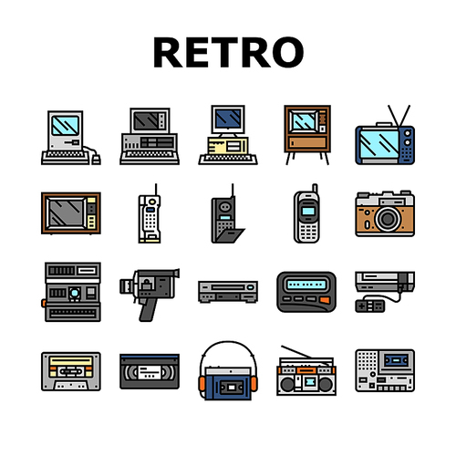 retro gadget technology device icons set vector. old game, computer video, electronic equipment, phone screen, digital joystick retro gadget technology device color line illustrations
