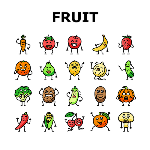 fruit character funny food icons set vector. happy orange, face strawberry, healthy lemon, smile apple, comic pineapple, banana fruit character funny food color line illustrations