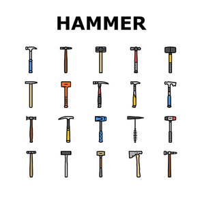 hammer tool construction icons set vector. carpentry wood, equipment work, metal repair, mallet carpenter court, hand steel hammer tool construction color line illustrations