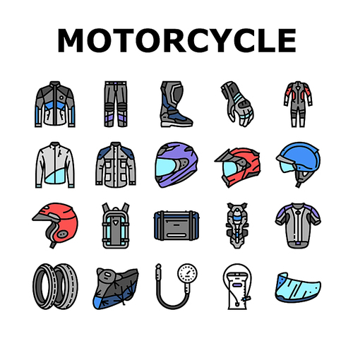 motorcycle bike motor sport icons set vector. scooter vehicle, biker rider, wheel speed, vintage road, transport, moto chopper motorcycle bike motor sport color line illustrations