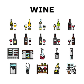 wine glass alcohol red bottle icons set vector. drink white, bar vine, winery champagne, vineyard wineglass, label grape, food wine glass alcohol red bottle color line illustrations