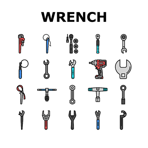 wrench tool spanner repair icons set vector. work maintenance, workshop key, mechanic equipment, construction mechanical hardware wrench tool spanner repair color line illustrations