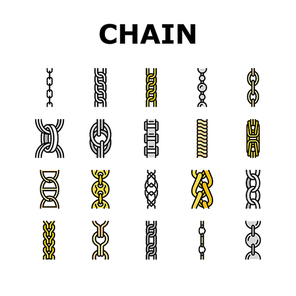 chain metal connection link icons set vector. steel object, element iron, strong abstract strength, security metallic shiny silver chain metal connection link color line illustrations