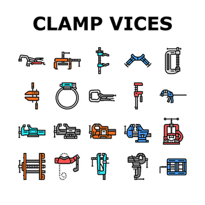 clamp vice grip tool metal icons set vector. equipment vise, steel screw, construction hold, industry compress, industrial hold clamp vice grip tool metal color line illustrations