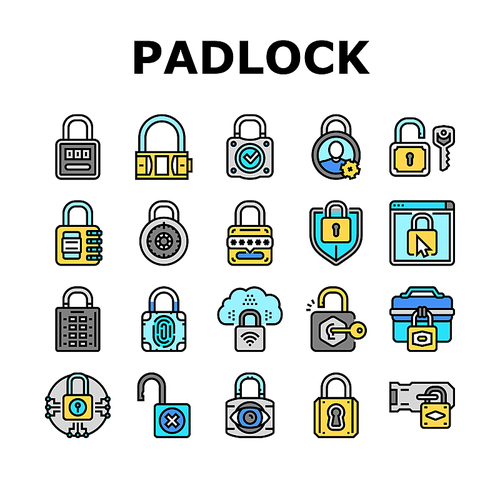 padlock lock safe password key icons set vector. privacy secure, security protection, internet element, web keyhole, system secret padlock lock safe password key color line illustrations