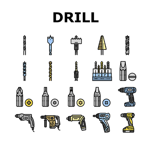 drill equipment construction icons set vector. machine power, industry work, industrial tool, drilling electric technology, repair drill equipment construction color line illustrations