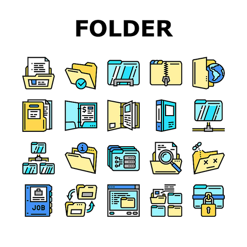 folder paper business file empty icons set vector. blank open, office template, document information, presentation page, archive cover folder paper business file empty color line illustrations