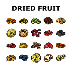 dried fruit healthy snack icons set vector. vegetarian dry, ingredient diet, mix organic nutrition natural dried nut, assortment dried fruit healthy snack color line illustrations