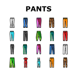 pants fashion clothes apparel icons set vector. trousers clothing, style casual, wear garment, cotton fabric, textile sport modern pants fashion clothes apparel color line illustrations