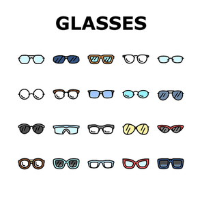glasses optical style frame icons set vector. modern lens, fashion view eyeglasses, eyesight, eye old design, vision retro glasses optical style frame color line illustrations