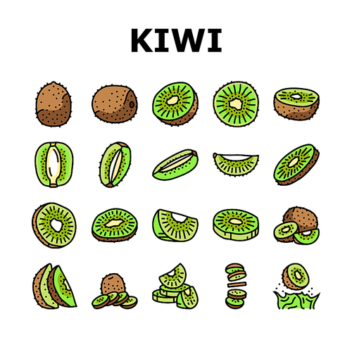 kiwi fruit green fresh slice icons set vector. juicy healthy, food ripe, sweet cut, vegetarian half, freshness organic, ingredient kiwi fruit green fresh slice color line illustrations