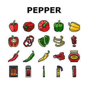 pepper ingredient food organic icons set vector. spice spicy, vegetable paprika, cooking red hot healthy, seasoning fresh, ripe green pepper ingredient food organic color line illustrations