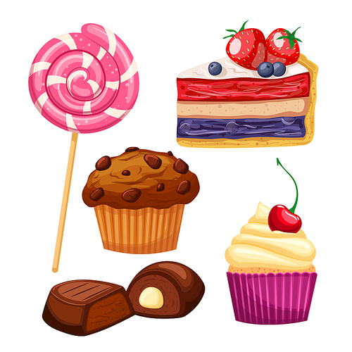 dessert cake bakery set cartoon. pastry food, chocolate cream menu, sweet pie, cheescake muffin dessert cake bakery vector illustration