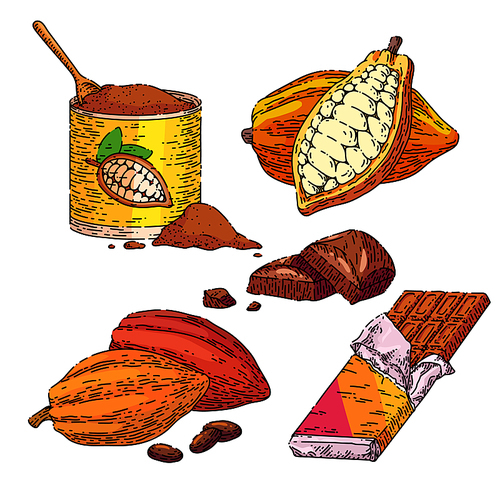 chocolate cocoa set hand drawn vector. dark bar, milk sweet food, candy cacao, dessert piece chocolate cocoa sketch. isolated color illustration