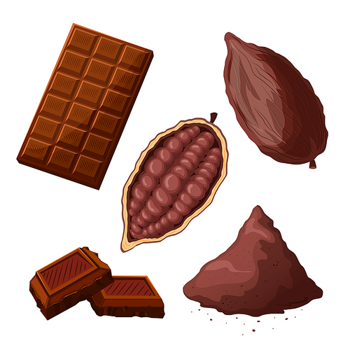 chocolate cocoa set cartoon vector. dark bar, milk sweet food, candy cacao, dessert piece chocolate cocoa. isolated color illustration