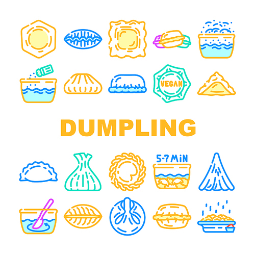 Dumpling Delicious Meal Recipe Icons Set Vector. Dumpling Food With Meat And Vegetable Ingredient, Cooking And Bowling, Kreplach And Modak, Tortellini And Khinkali Dish Color Illustrations