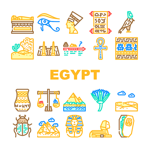 Egypt Civilization Landscape Icons Set Vector. Nefertiti Egypt Queen And Pharaoh Sarcophagus, Antique Vase And Ankh Ancient Decoration, Sahara Desert And Nile River Color Illustrations